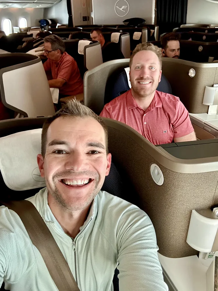 Jared and Nick on a premium flight