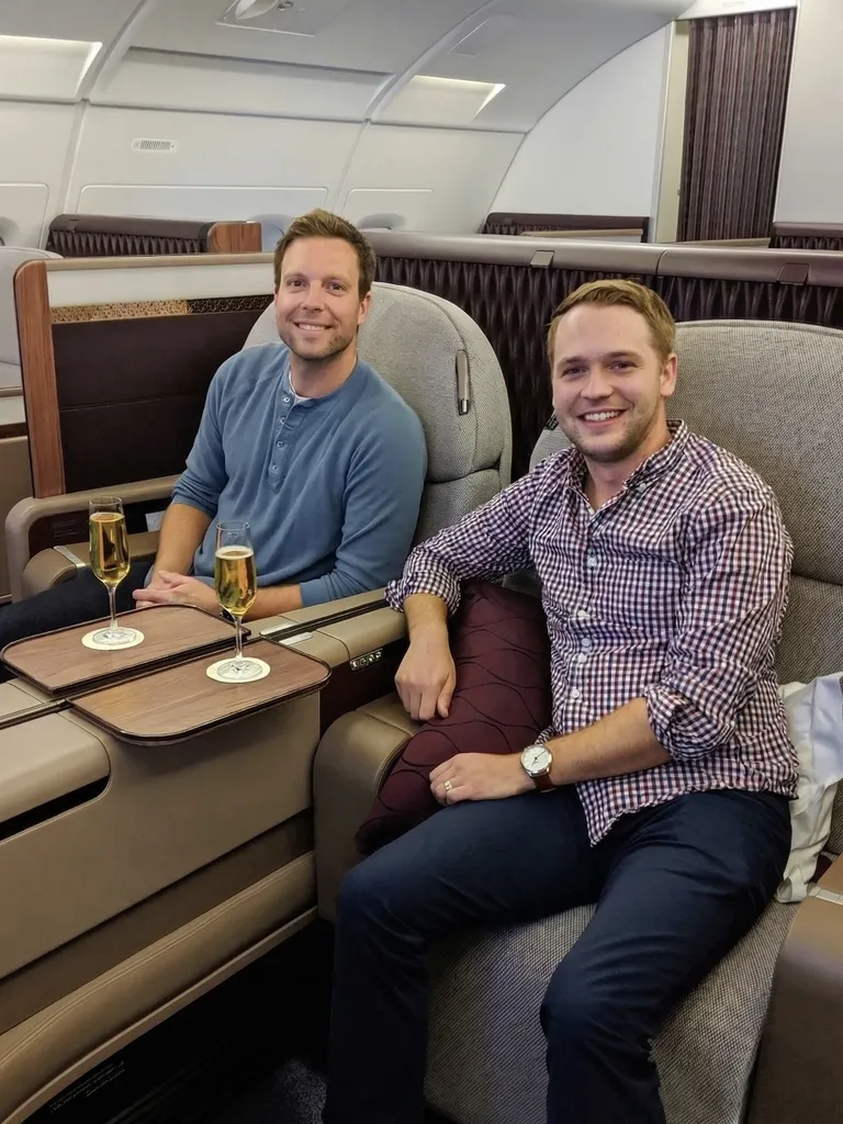 Kyle and Jon on a premium flight