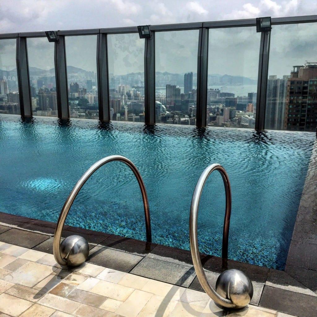 a pool overlooking a city