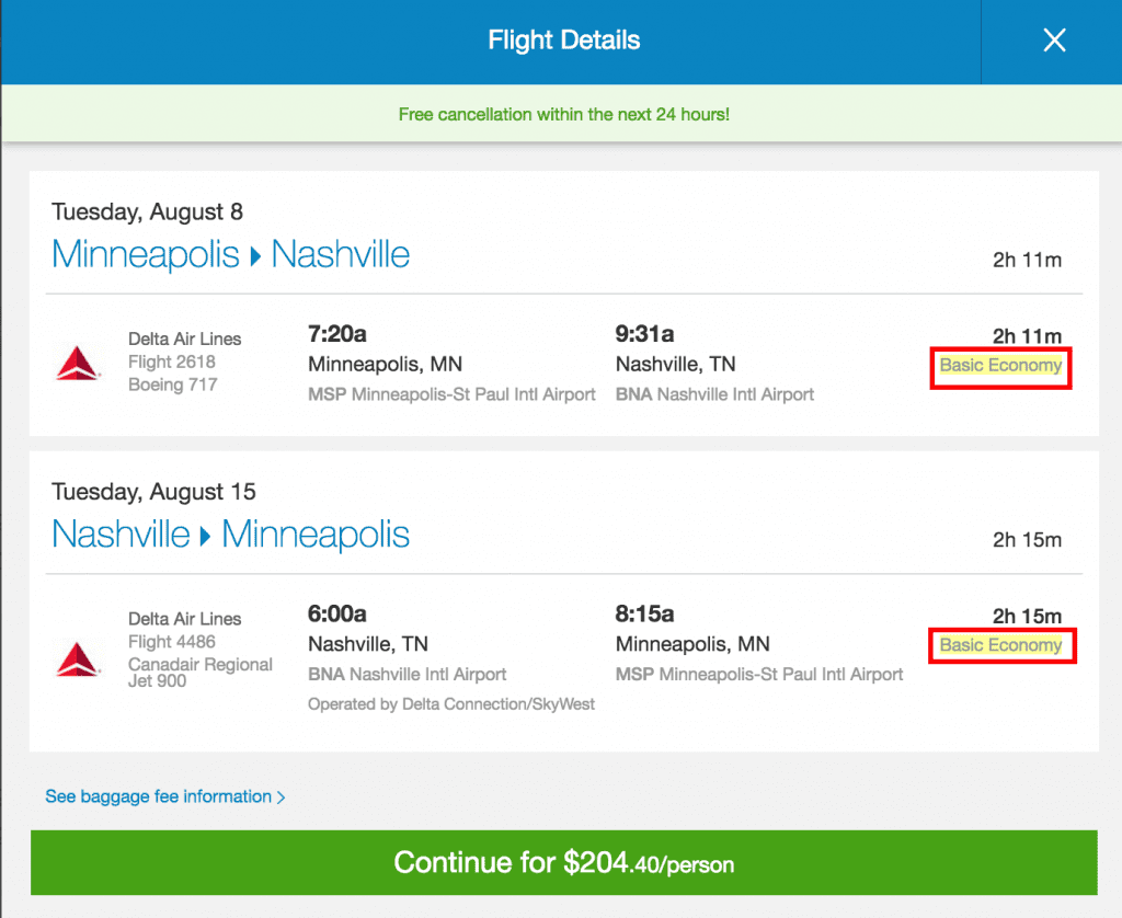 msp to bna delta booking through priceline