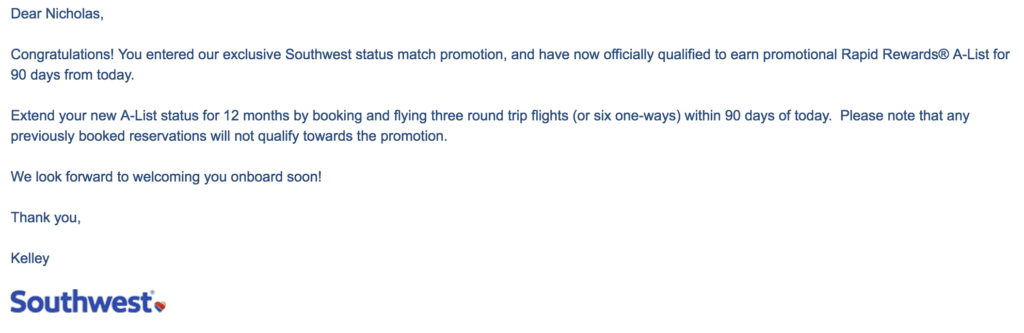 Southwest Status Match