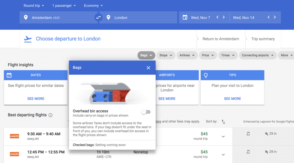 Google Flights Basic Economy International Flights