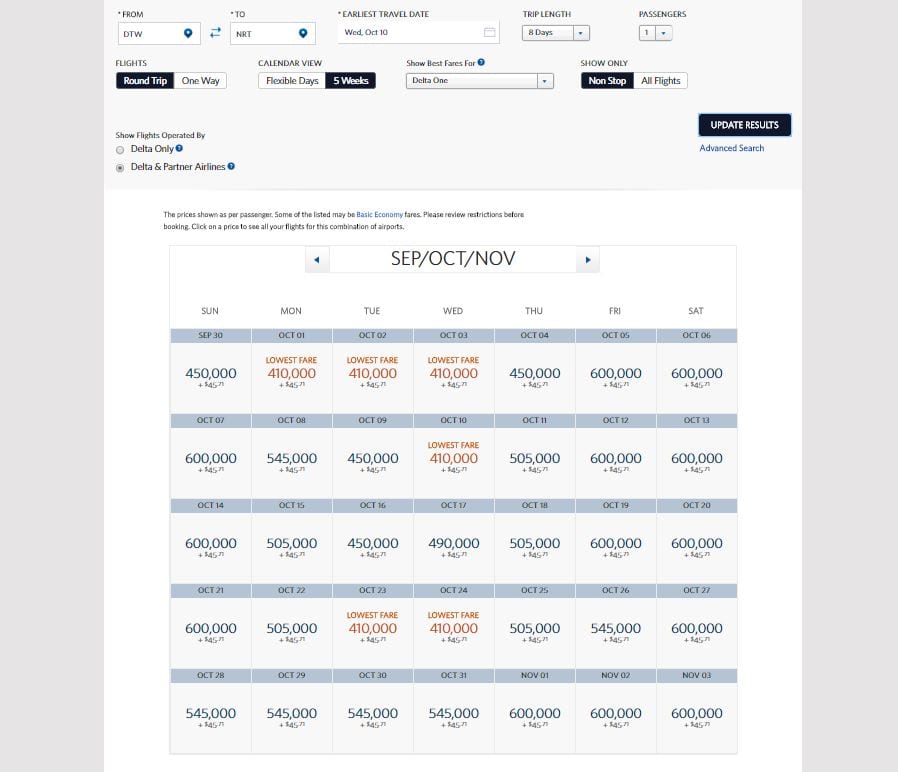 Delta SkyMiles Pricing