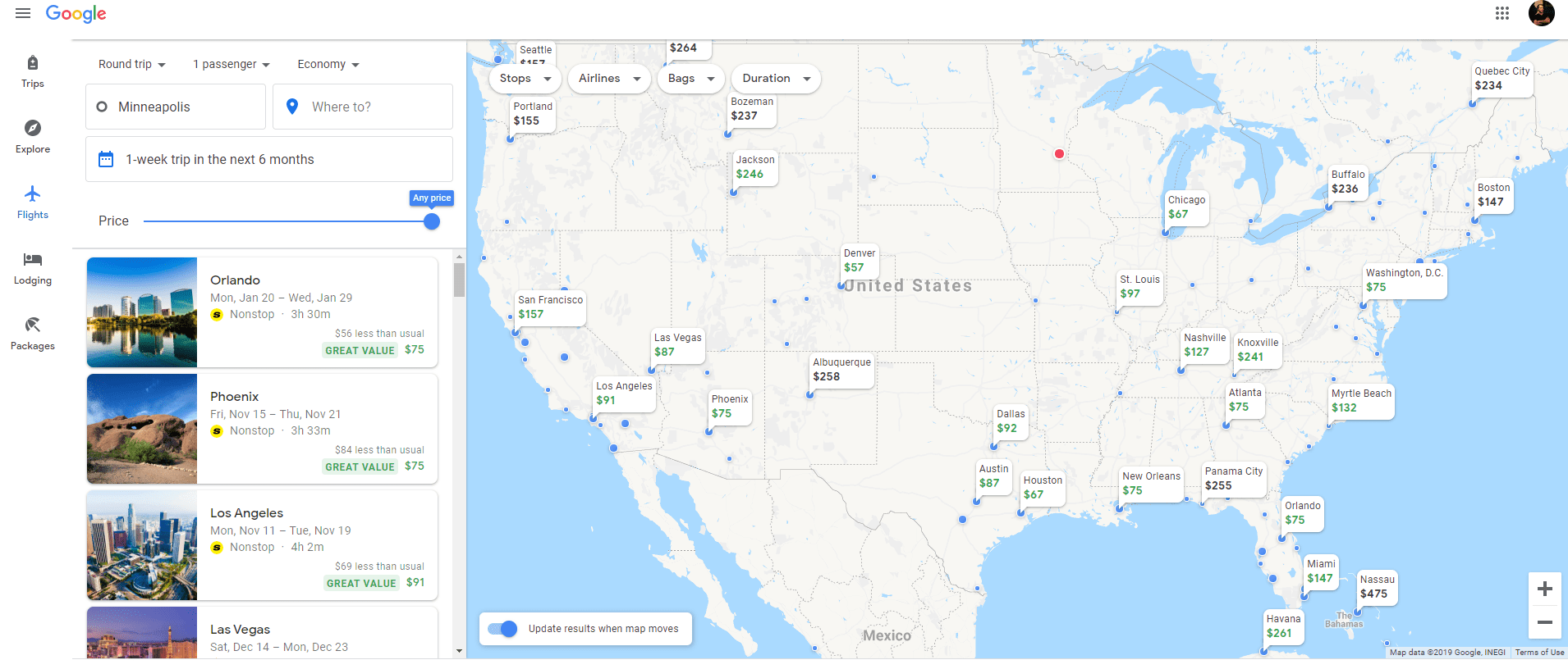 Explore Google Flights map