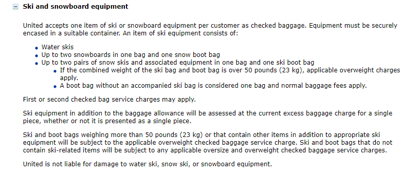 united ski baggage fees