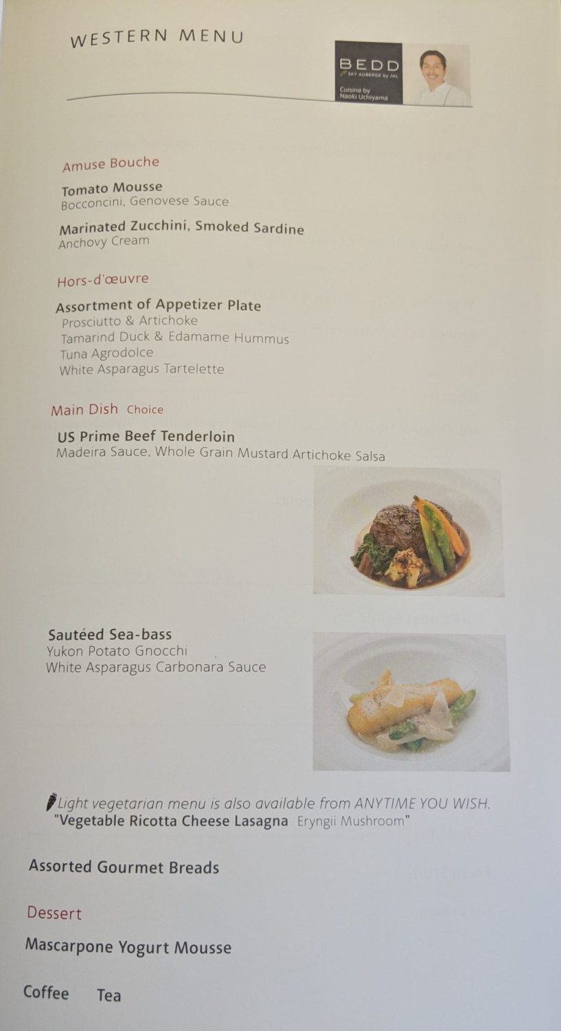 Japan Airlines Business Class food menu