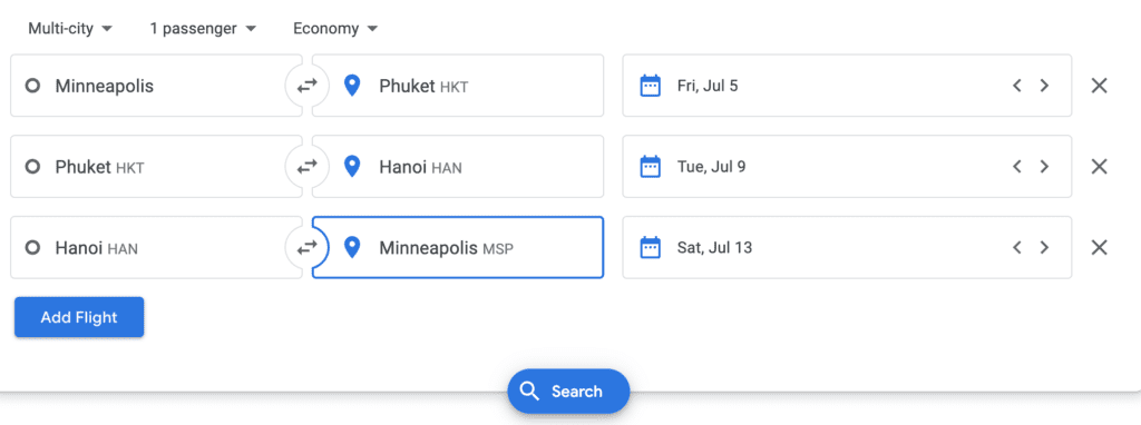 multi-city flights eksempel 