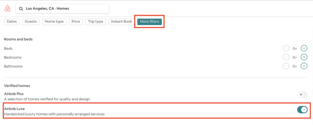 airbnb luxe search