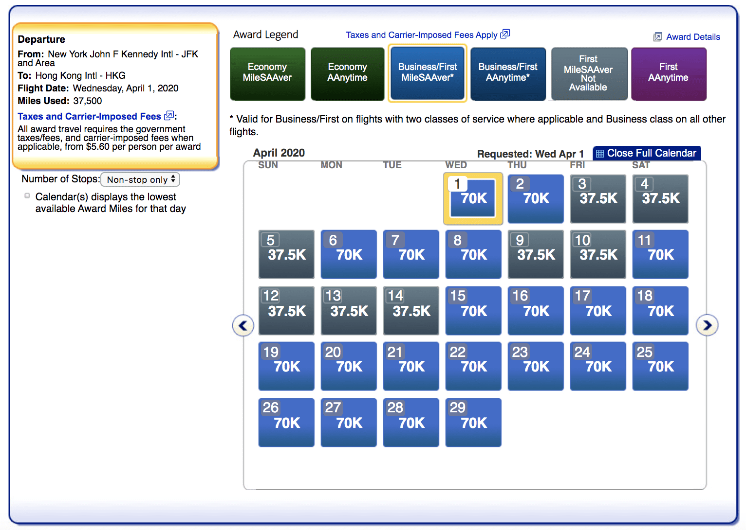 american airlines award pricing