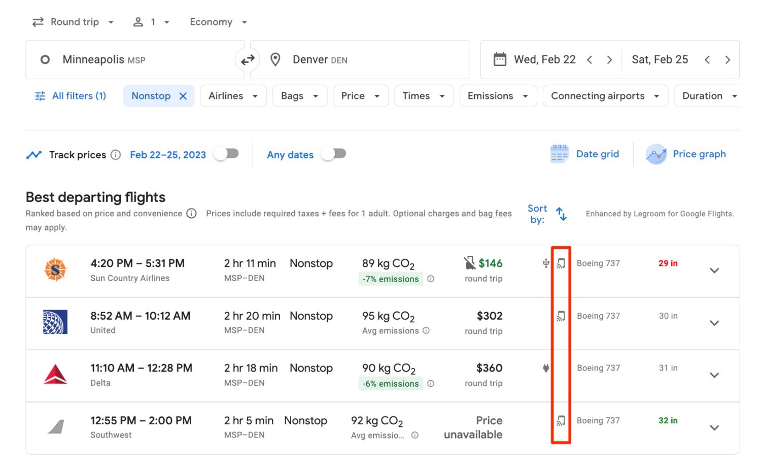 google flights legrooms tv