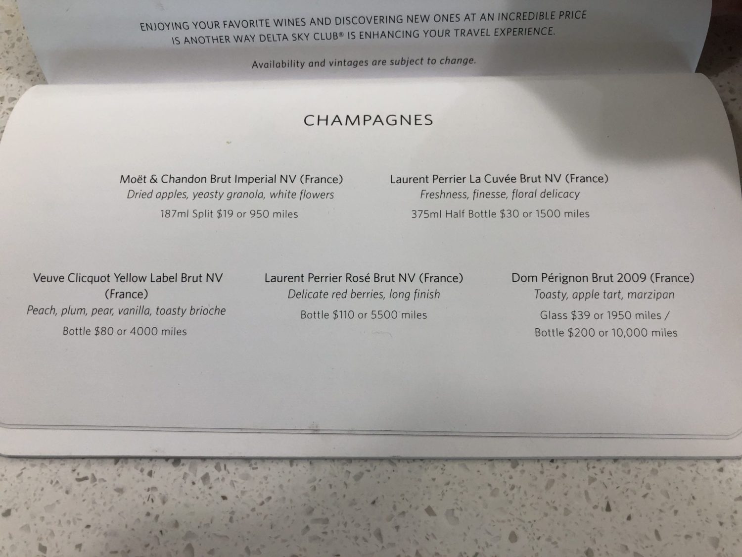 Delta Sky Club San Francisco Champagne Menu