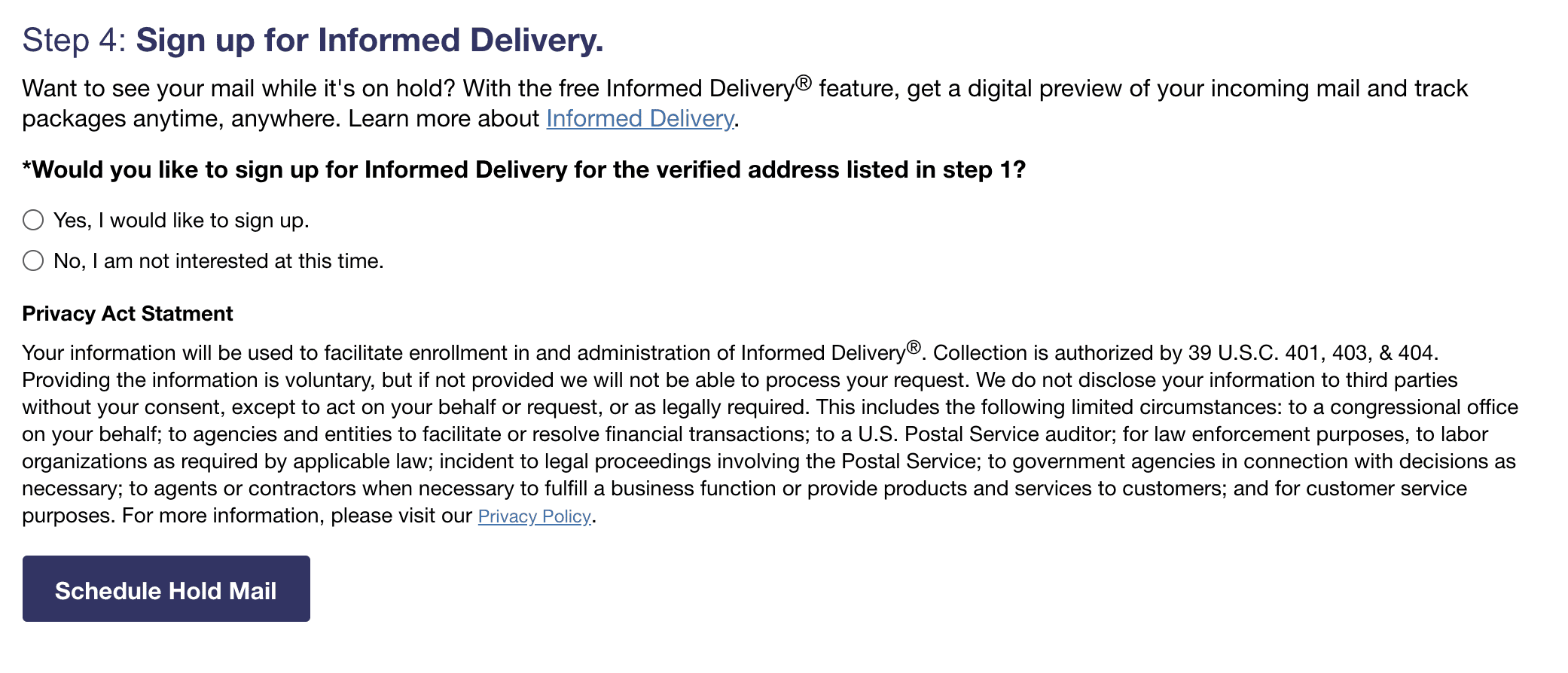 usps hold mail instructions