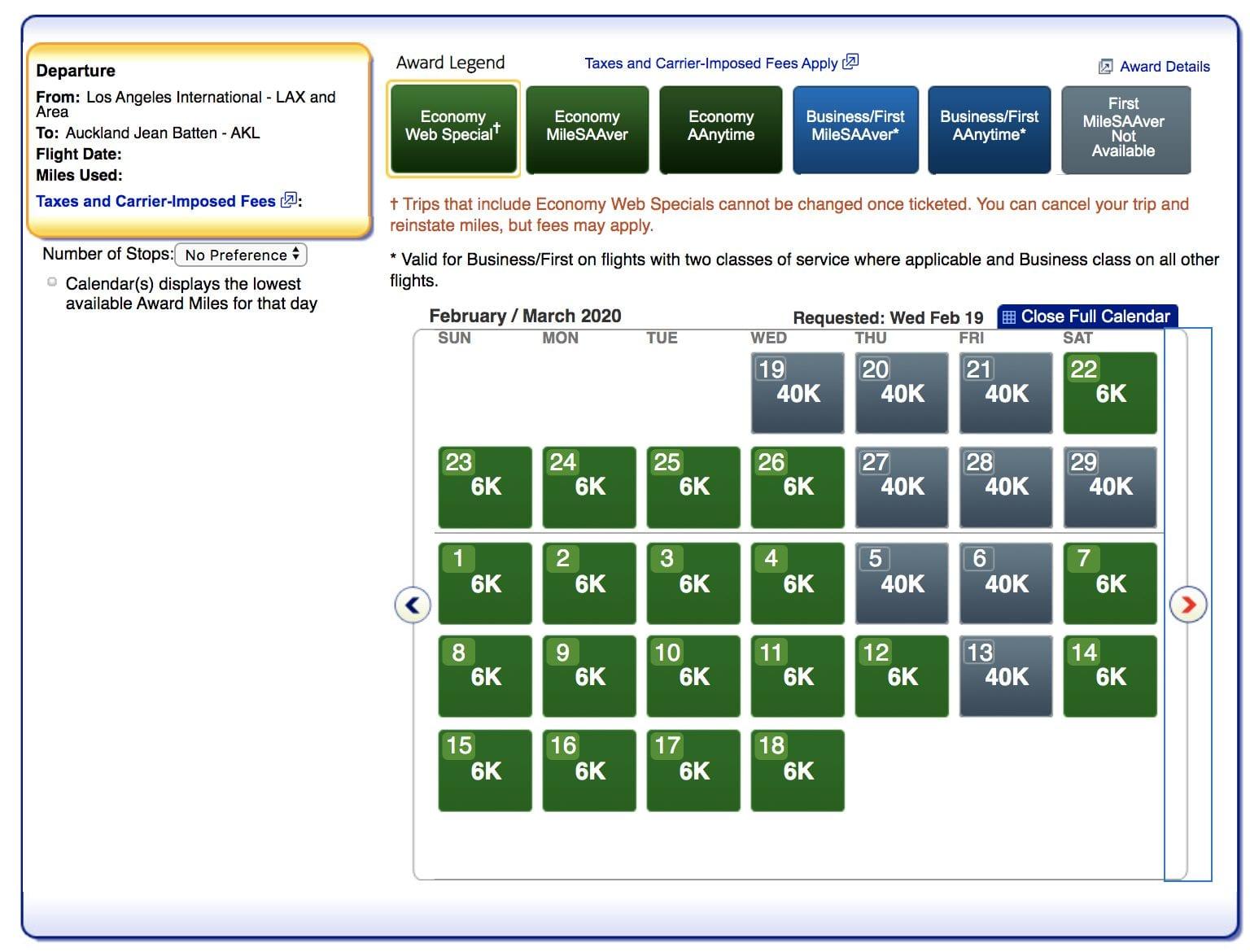 american airlines award chart