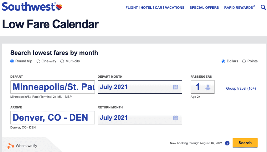 southwest low fare calendar