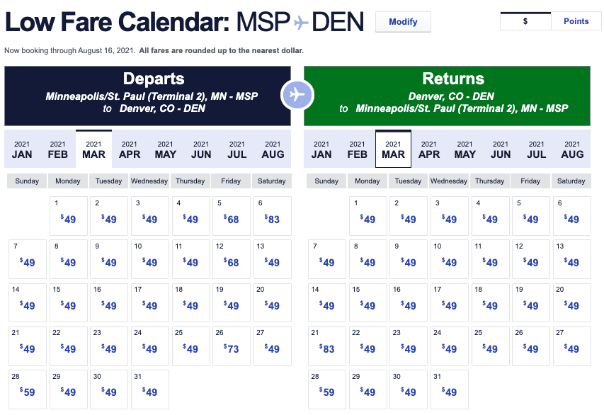 southwest low fare calendar