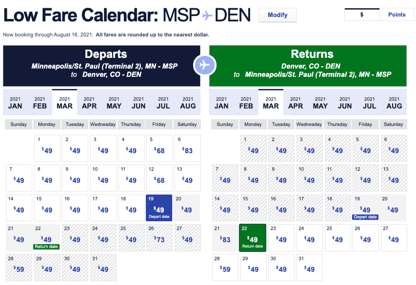 southwest low fare calendar $29