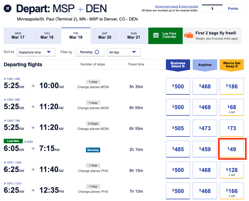 fare calendar southwest