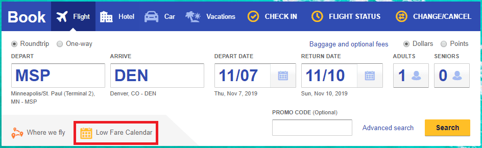 southwest homepage low fare calendar