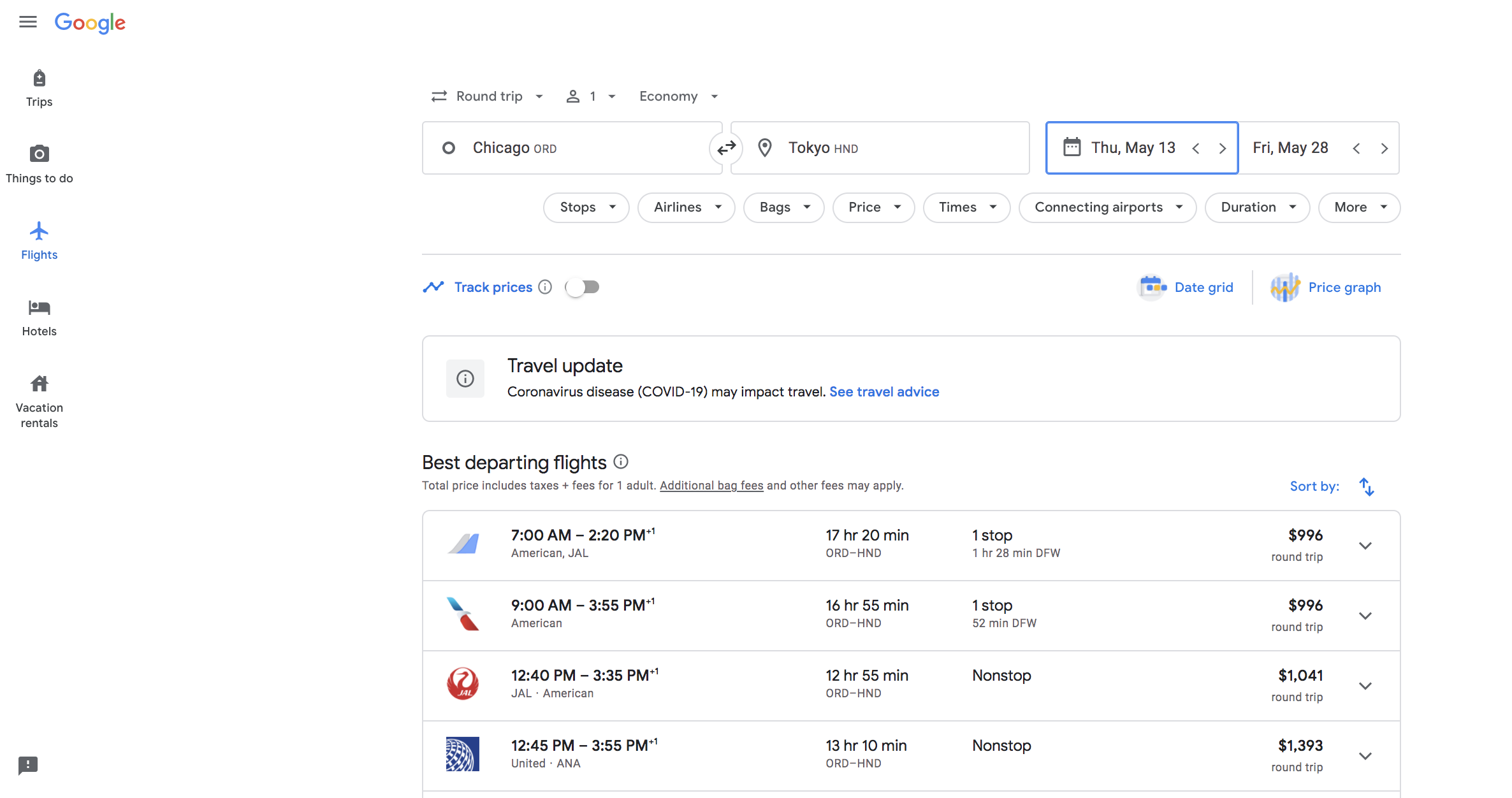 Using google flights to start cheap flight search