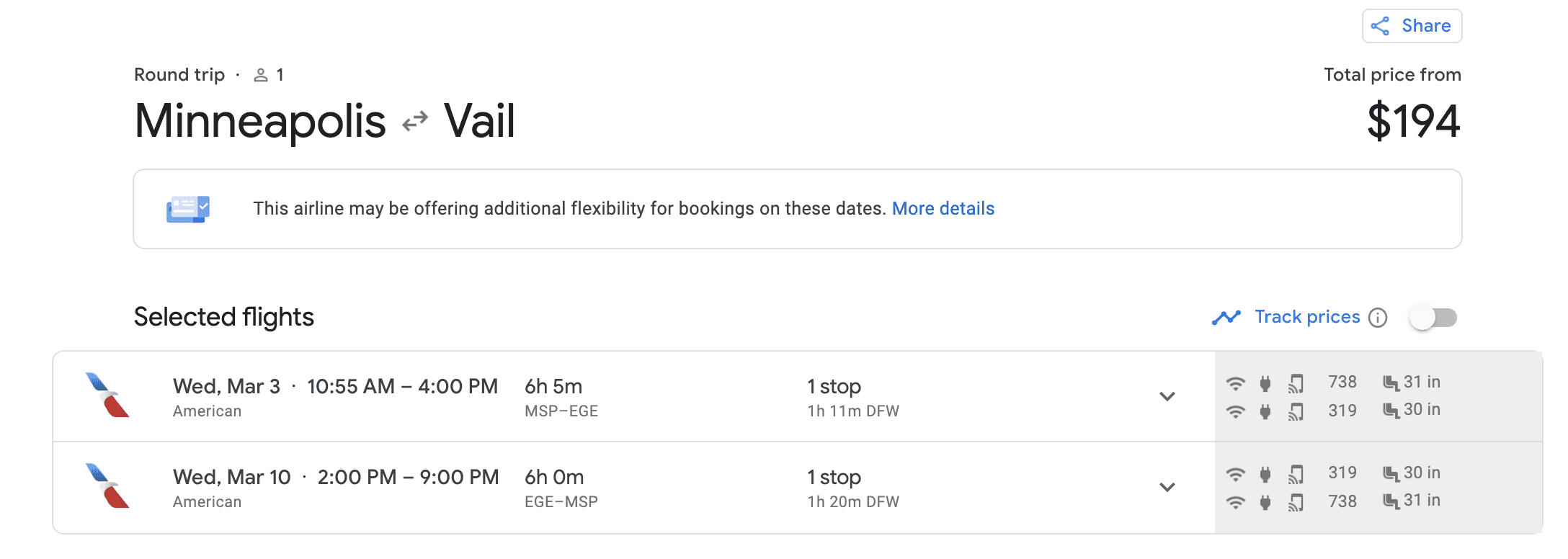 Sample MSP to EGE Google Flights search