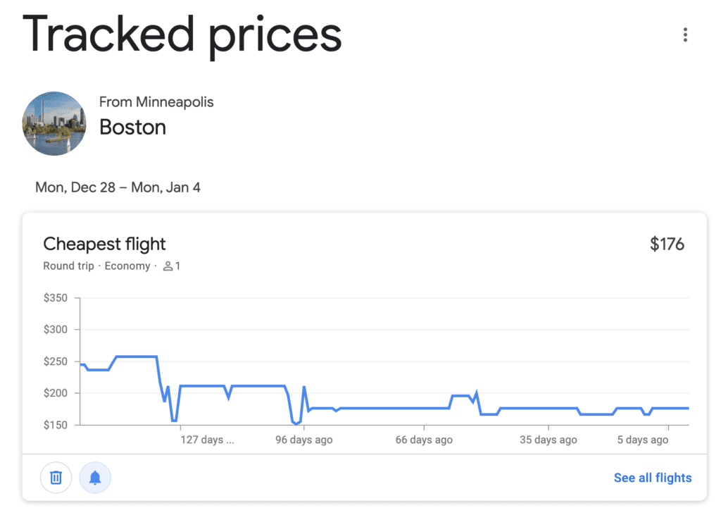 google flights tracked price