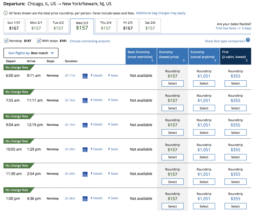 United Fares Chart