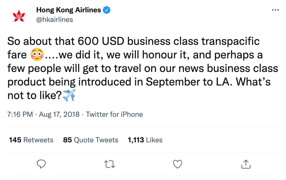 hong kong airlines mistake fare tweet
