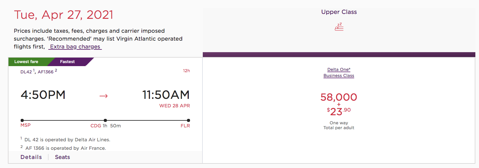 virgin atlantic points pricing