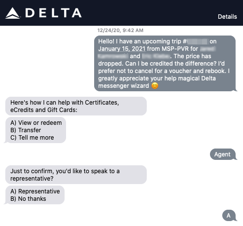 delta message app call wait times