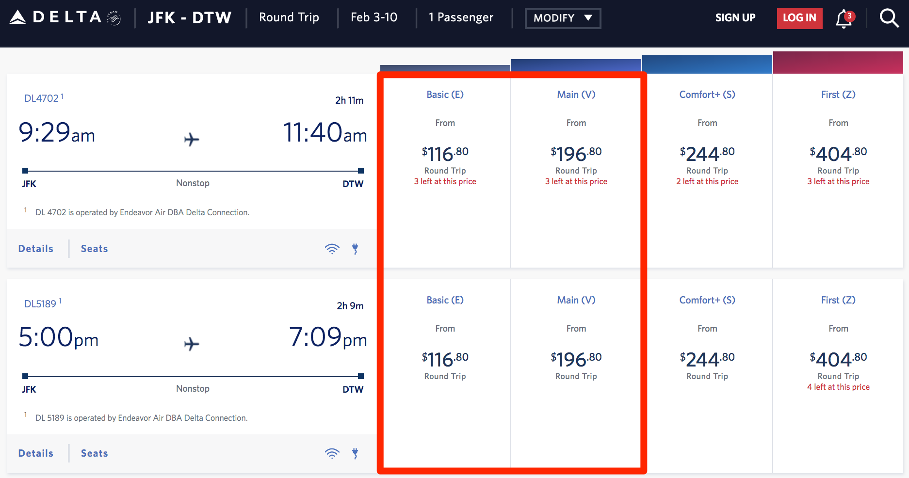 delta basic economy rate jfk to dtw