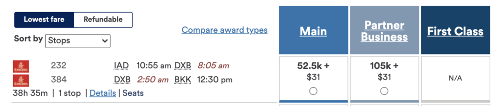 Emirates pricing with Alaska miles