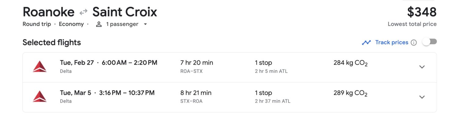 Roanoke to St. Croix flight deal