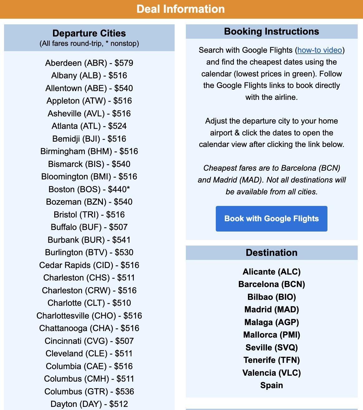 Spain flight deal cities list