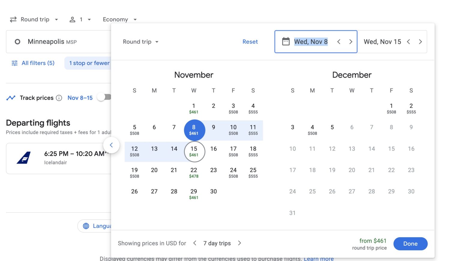 google flights calendar