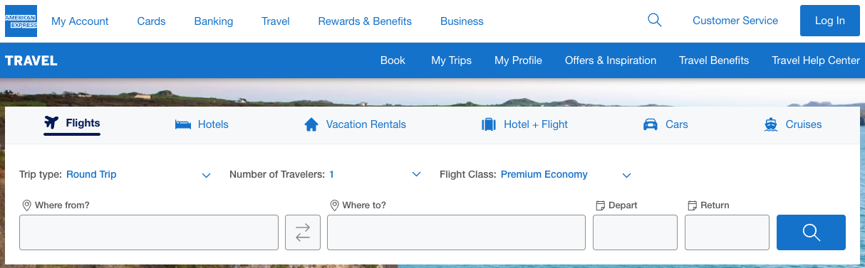 Amex Travel homepage searching for flights with open departure and arrival airport. 