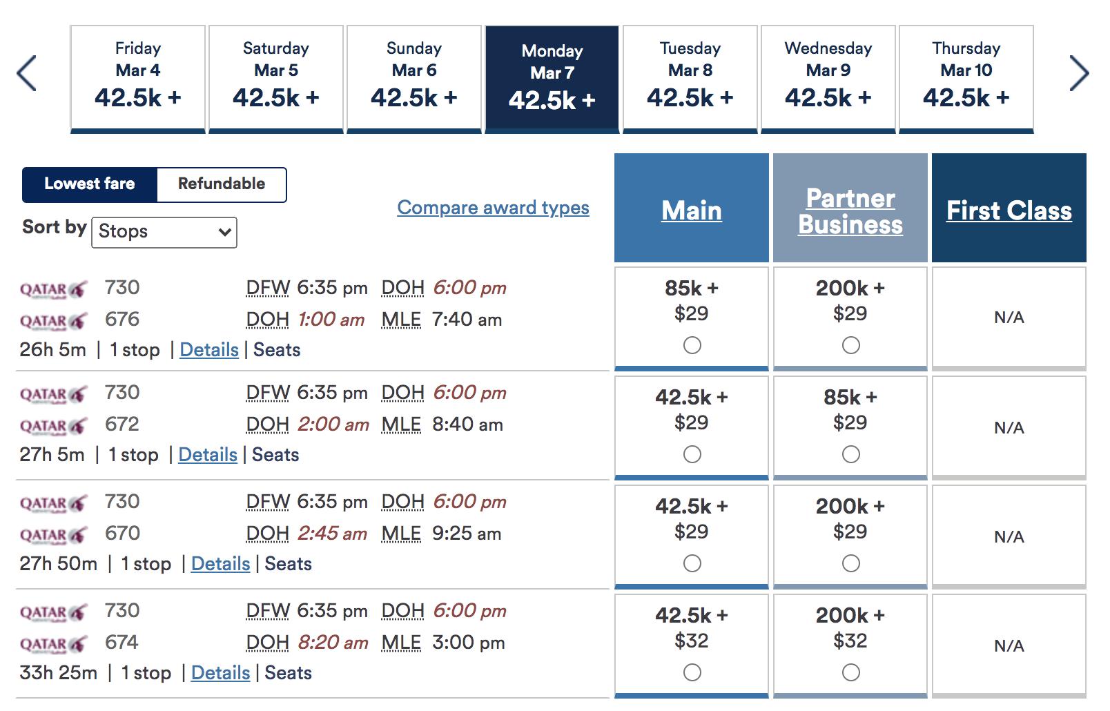 alaska airways qatar to maldives