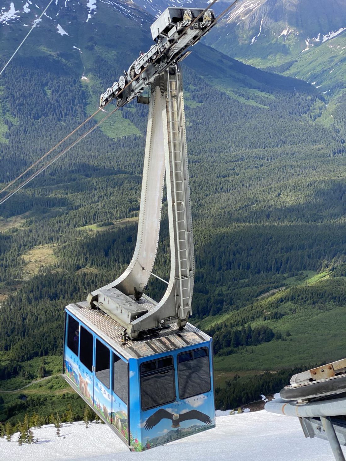cable car with a large mountain in the background