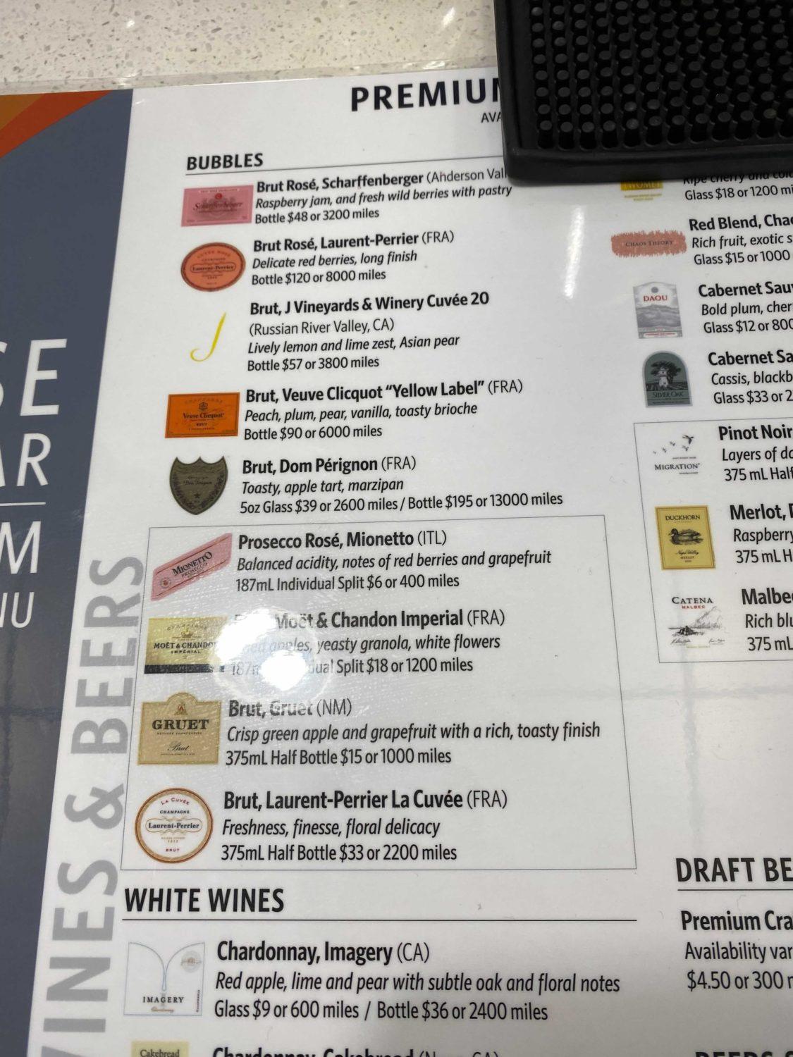 delta sky club champagne menu