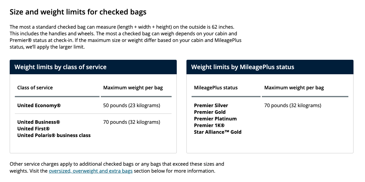 United airlines baggage fees weight