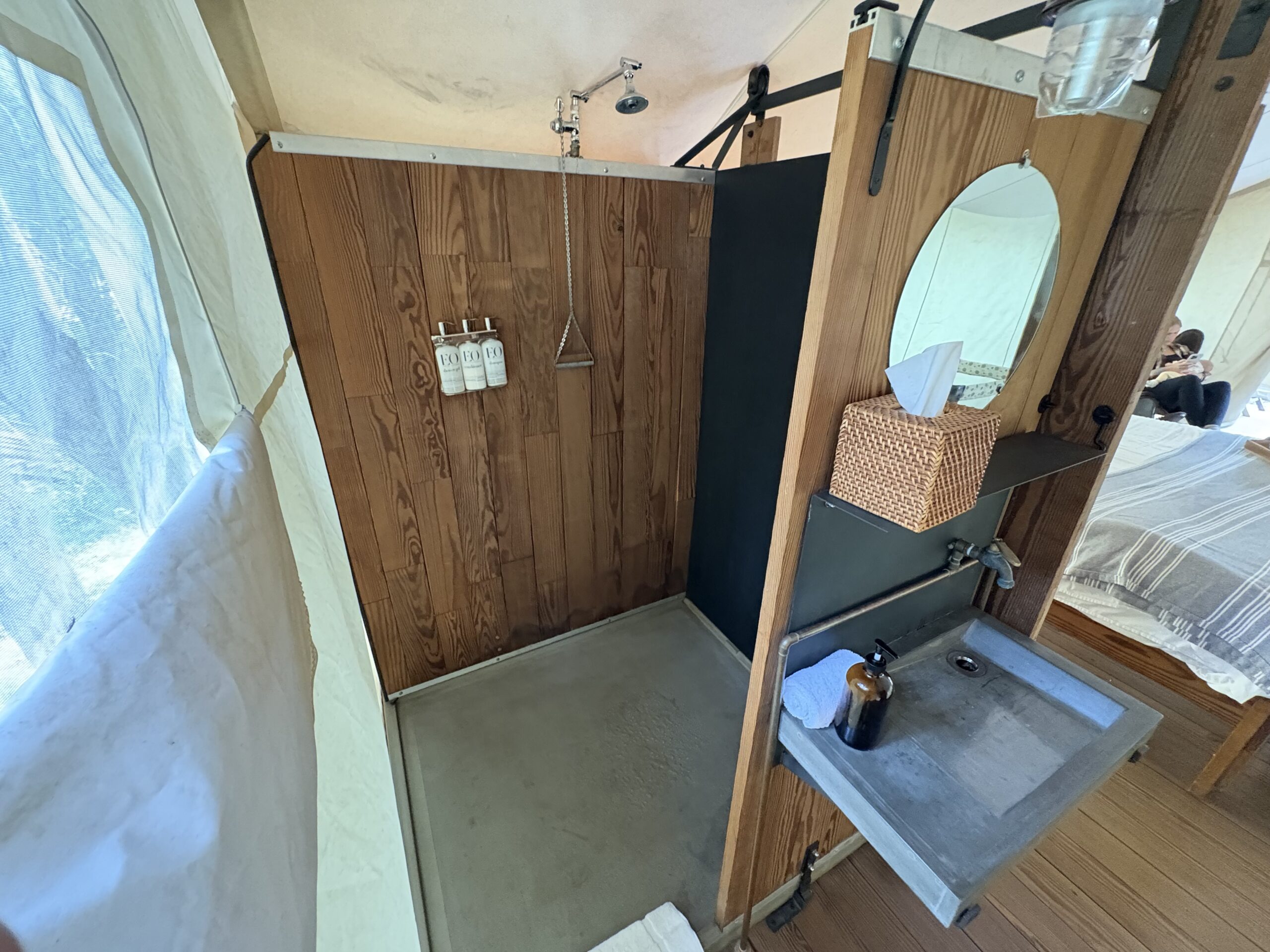 Bathroom inside a glamping tent. 