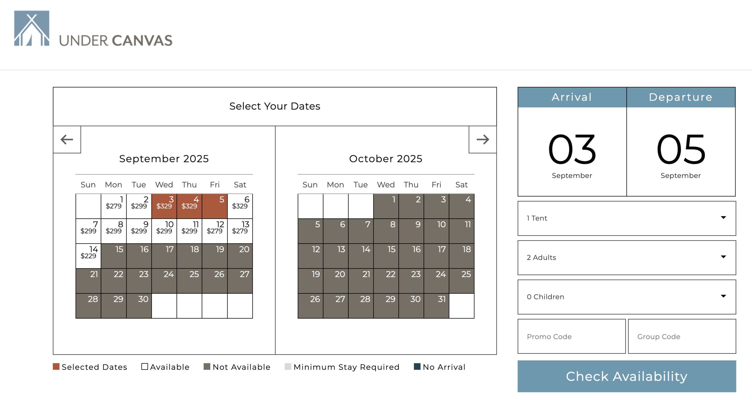 Under Canvas Glacier booking calendar