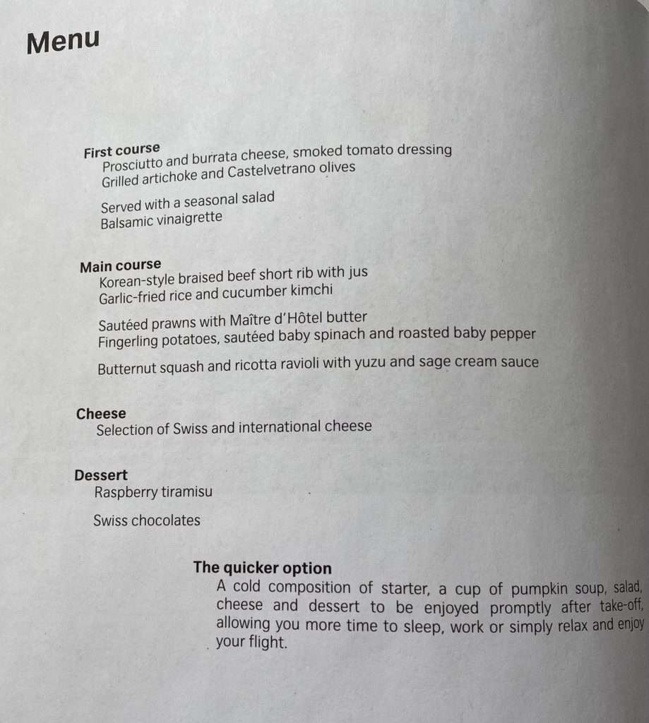 Swiss Business Class Dinner Menu