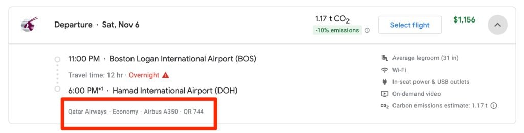 qatar qsuites flight number from Google Flights