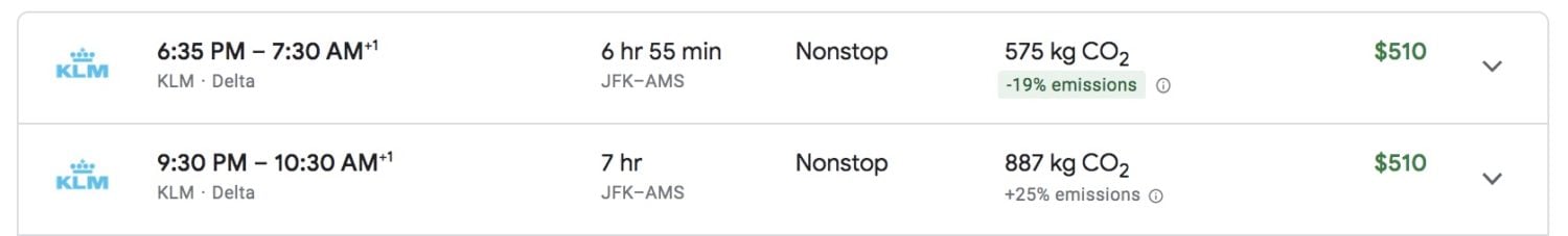 klm carbon emissions google flights