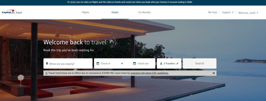 Capital One Travel Portal home page