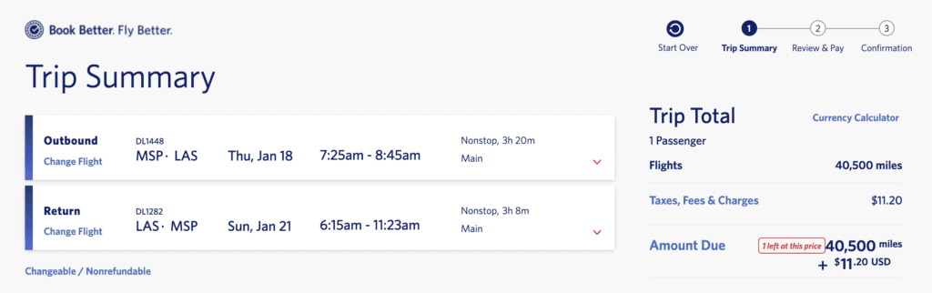 Delta MSP LAS skymiles price example