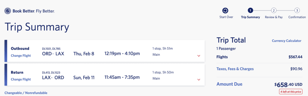 Delta ORD LAX cash price example