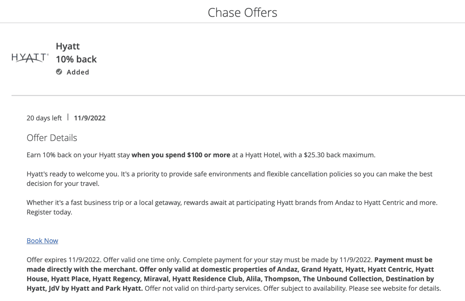 New Chase Offer Get 10 Back on U.S. Hyatt Stays