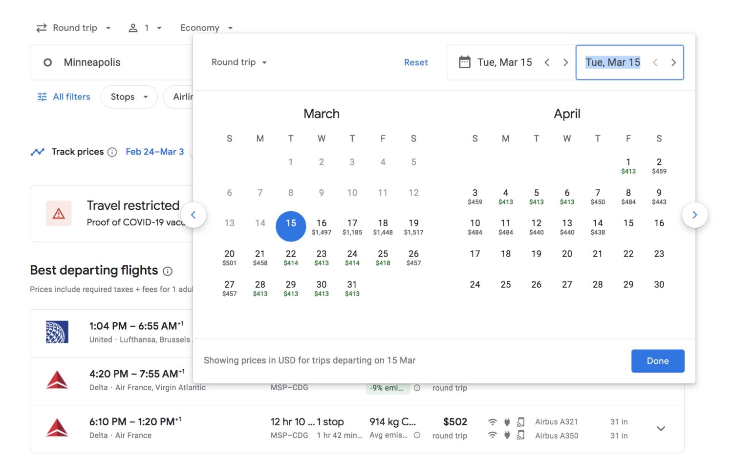 Using Google Flights calendar to find cheaper airfare