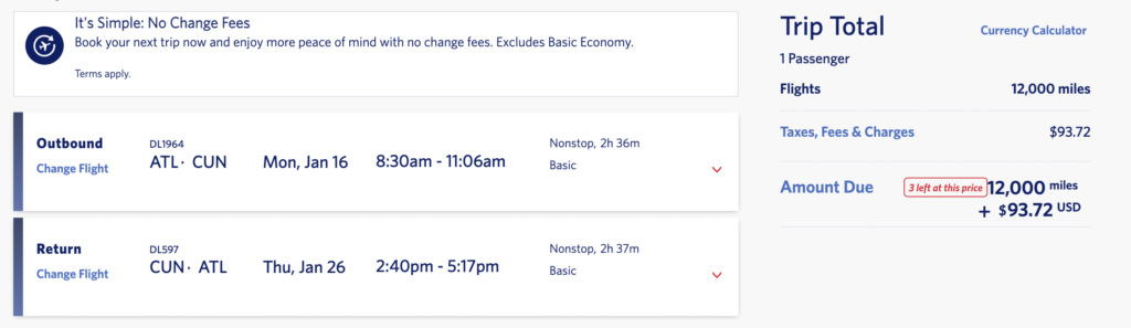 Atlanta to Cancun SkyMiles price